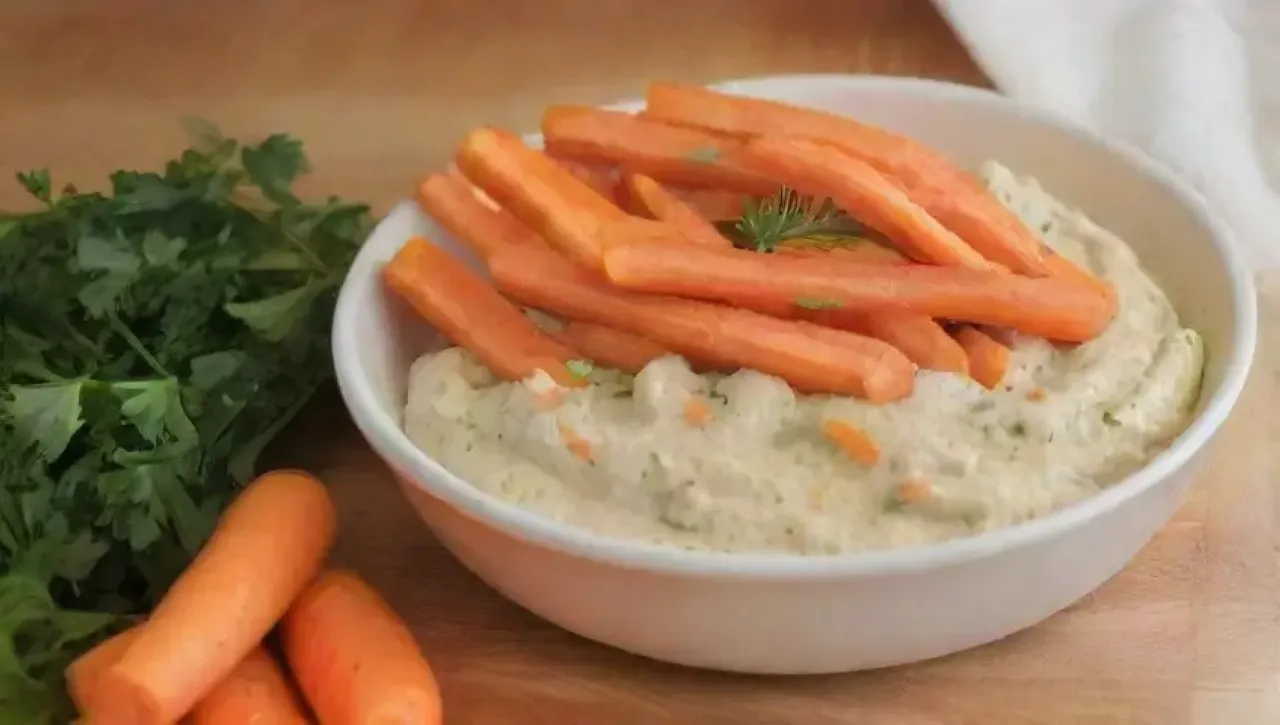 Un ambiente acogedor de cocina con zanahorias, hummus, perejil y un gato curioso