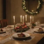Mesa festiva con luces brillantes y ambiente acogedor