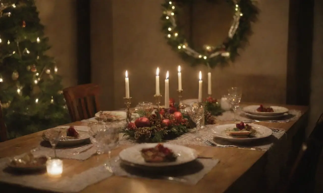 Mesa festiva con luces brillantes y ambiente acogedor