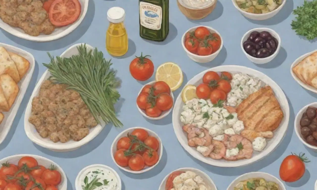Esenciales de la cocina griega: aceite de oliva, hierbas frescas, feta, tomates, aceitunas, yogur, mariscos, cordero, granos enteros y verduras de temporada