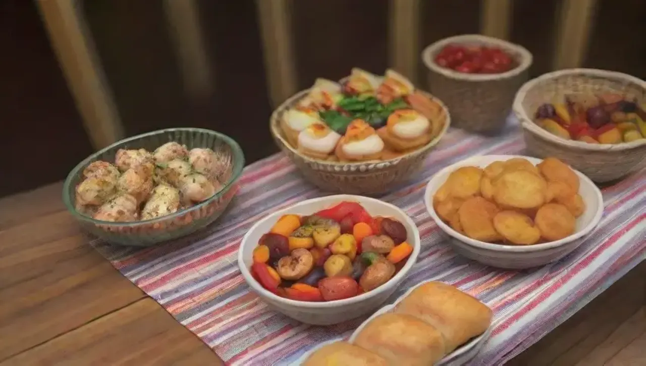 Una mesa rústica llena de tapas coloridas, vino y risas en un ambiente festivo