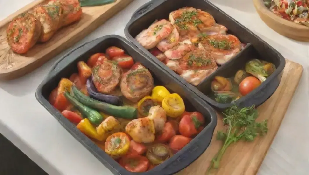 Cocina luminosa y vibrante con ingredientes frescos y una comida saludable lista en minutos