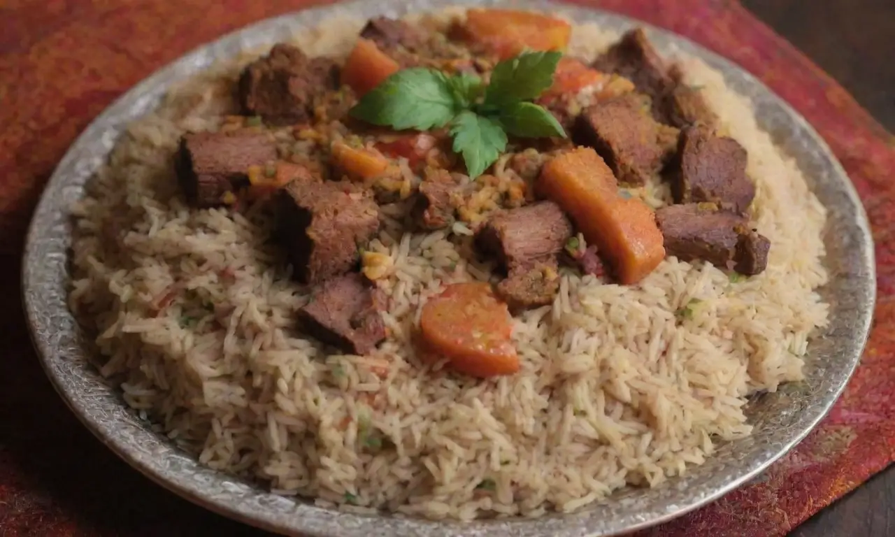 Kabuli Pulao es un plato afgano de arroz con especias, carne y verduras coloridas