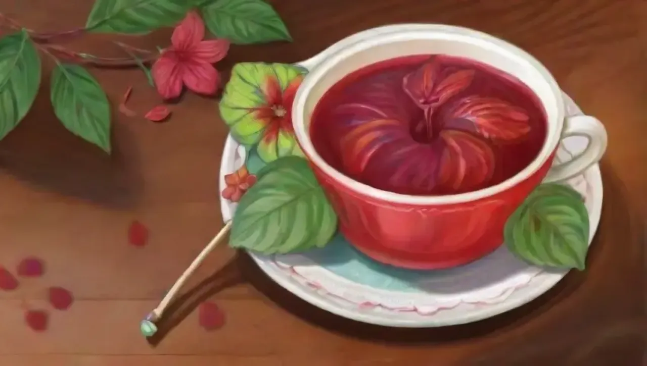 Flores de hibisco vibrantes, té humeante, limón y menta, en una cocina acogedora y saludable