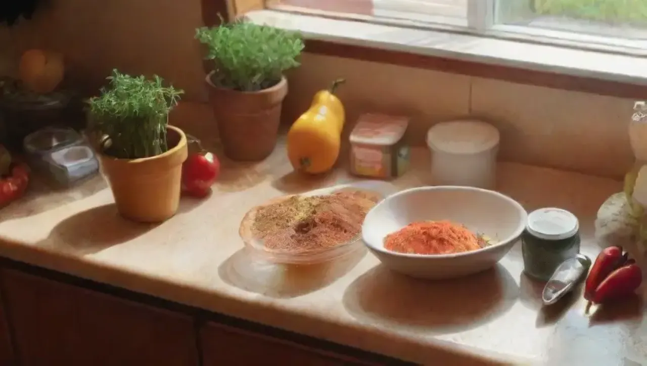 Una cocina vibrante con sal, hierbas frescas, especias coloridas y platos artísticamente dispuestos