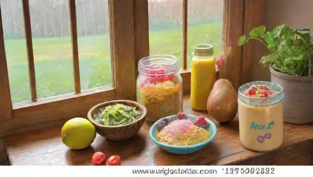 Una mesa de madera llena de frutas, verduras, suplementos y un ambiente acogedor que refleja salud y vitalidad