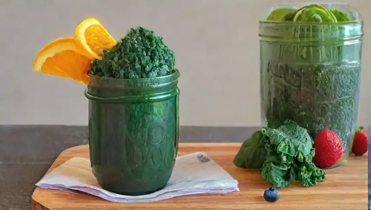Un colorido batido de frutas y verduras frescas en un frasco sobre una mesa rústica