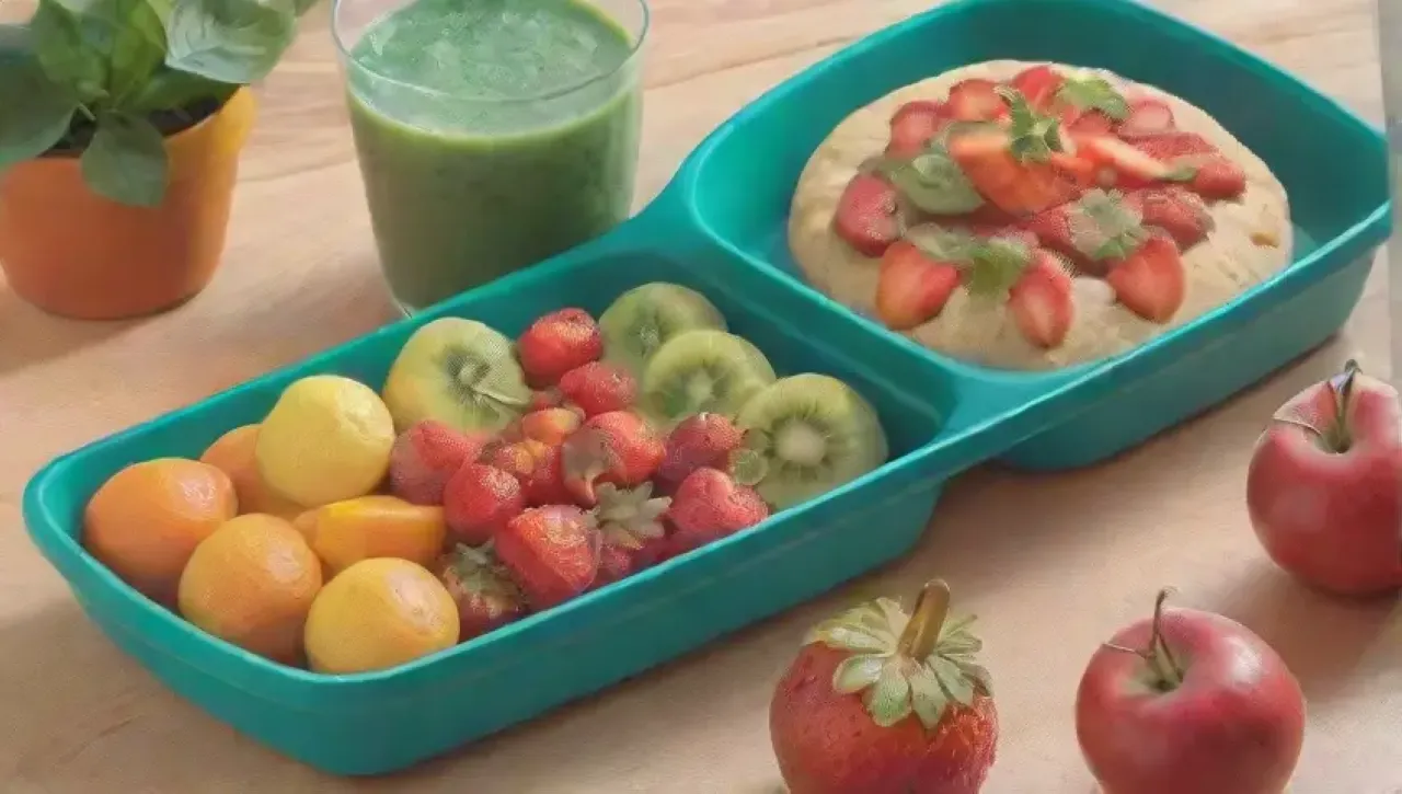 Cocina luminosa y vibrante llena de frutas frescas y un ambiente acogedor