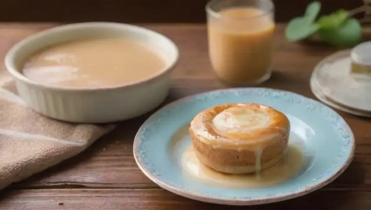 Un ambiente acogedor de cocina con flan dorado, caramelo, y detalles rústicos