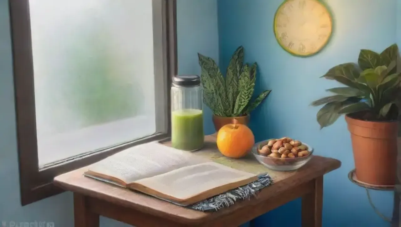 Una cocina serena y acogedora, llena de luz, frutas frescas y un ambiente de tranquilidad