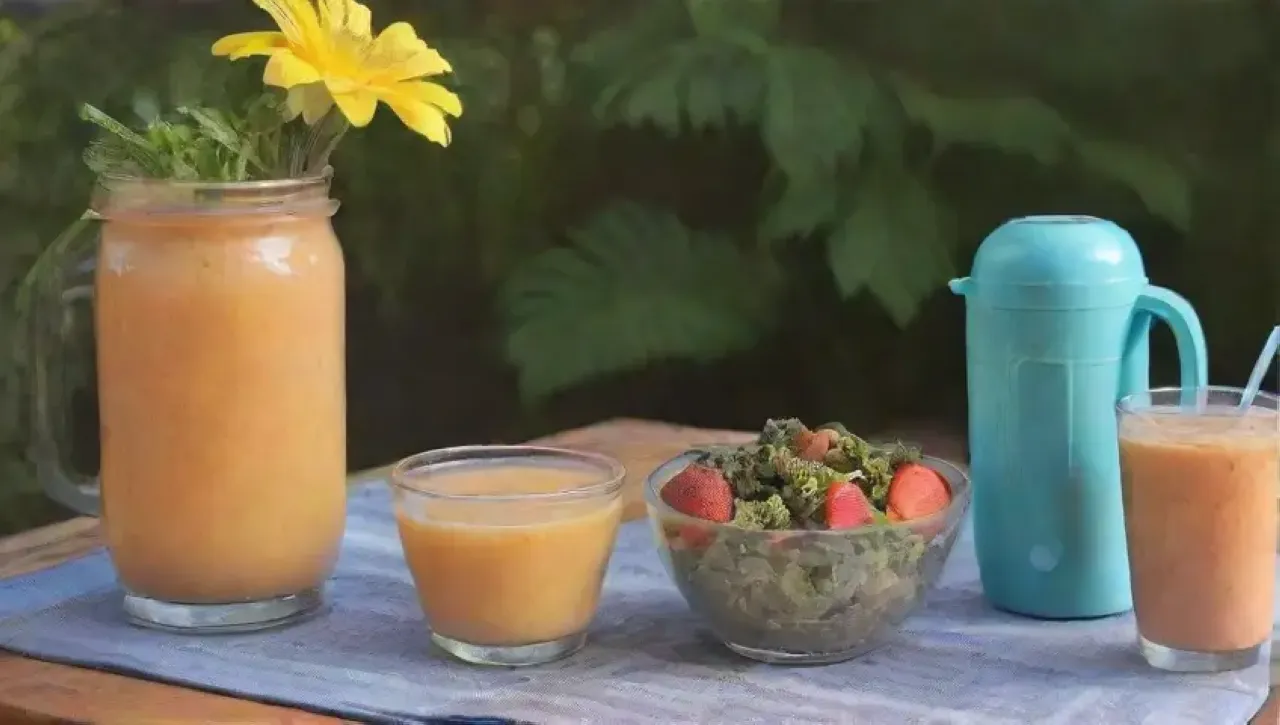 Un colorido y saludable desayuno con frutas, verduras y smoothies en una cocina alegre