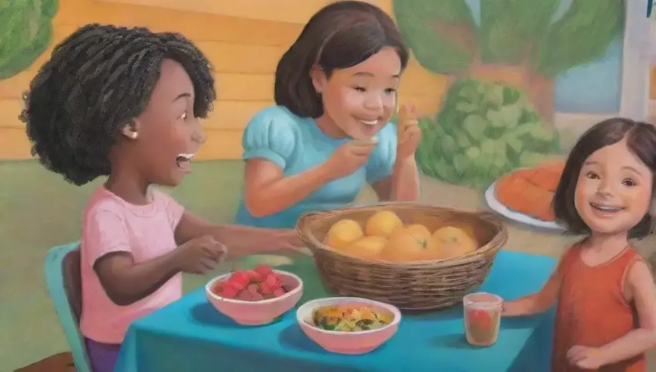 Una familia disfruta de comidas coloridas y momentos juntos en un ambiente acogedor