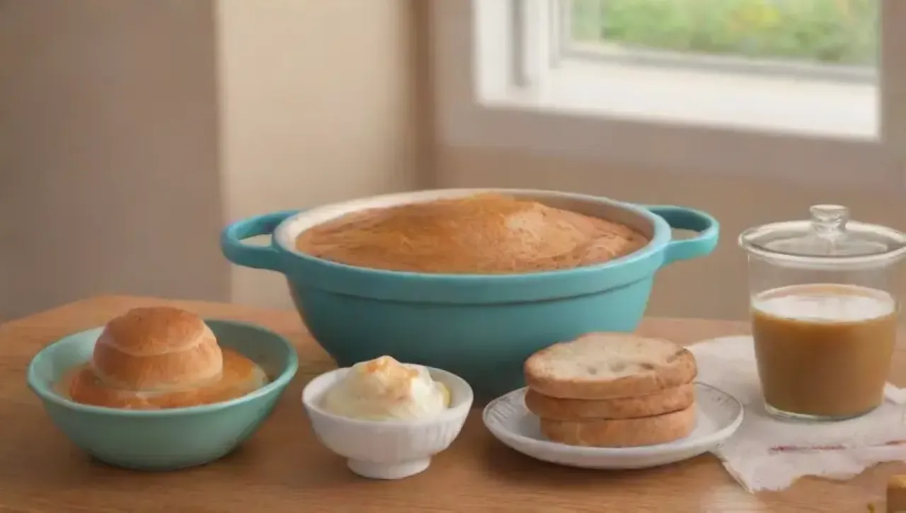Cocina cálida con ingredientes frescos y un delicioso pudín de caramelo listo para servir