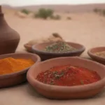 Recetas beduinas tradicionales con especias coloridas y platos sabrosos en un entorno rústico
