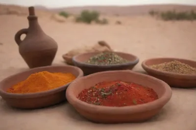 Recetas beduinas tradicionales con especias coloridas y platos sabrosos en un entorno rústico