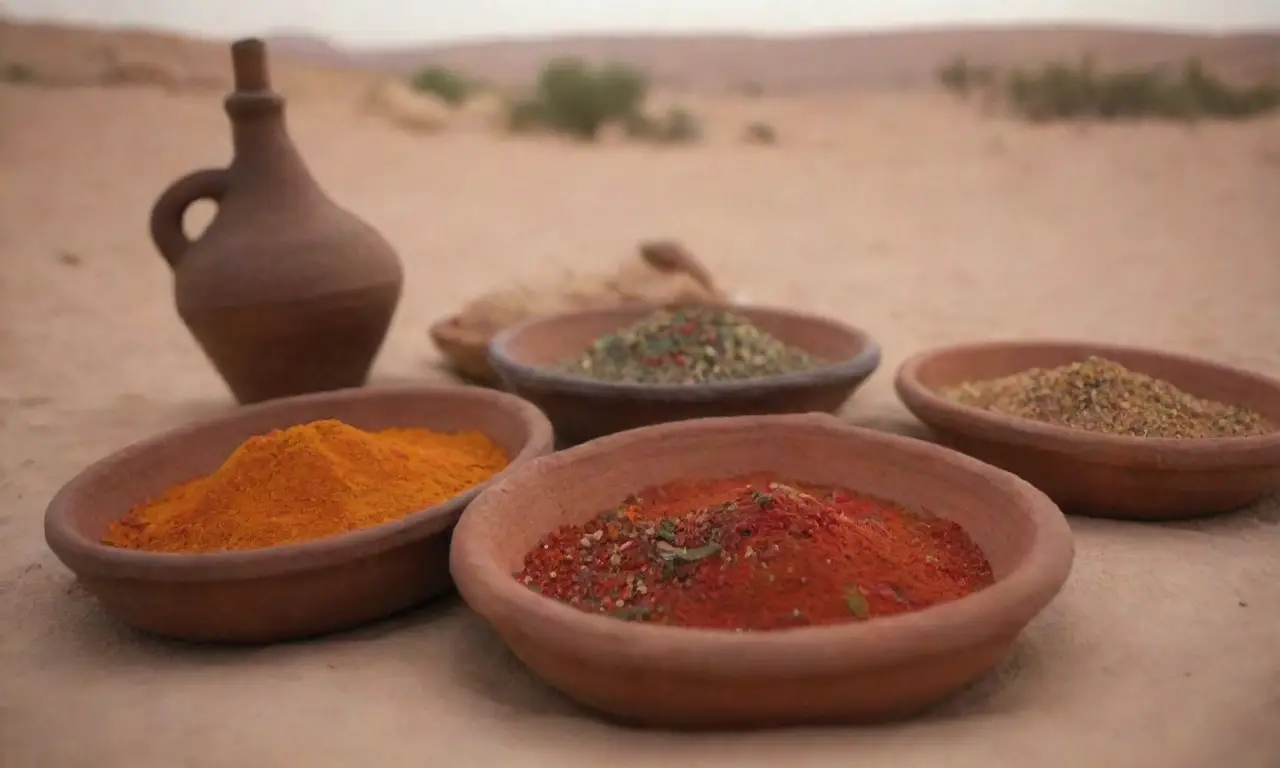 Recetas beduinas tradicionales con especias coloridas y platos sabrosos en un entorno rústico