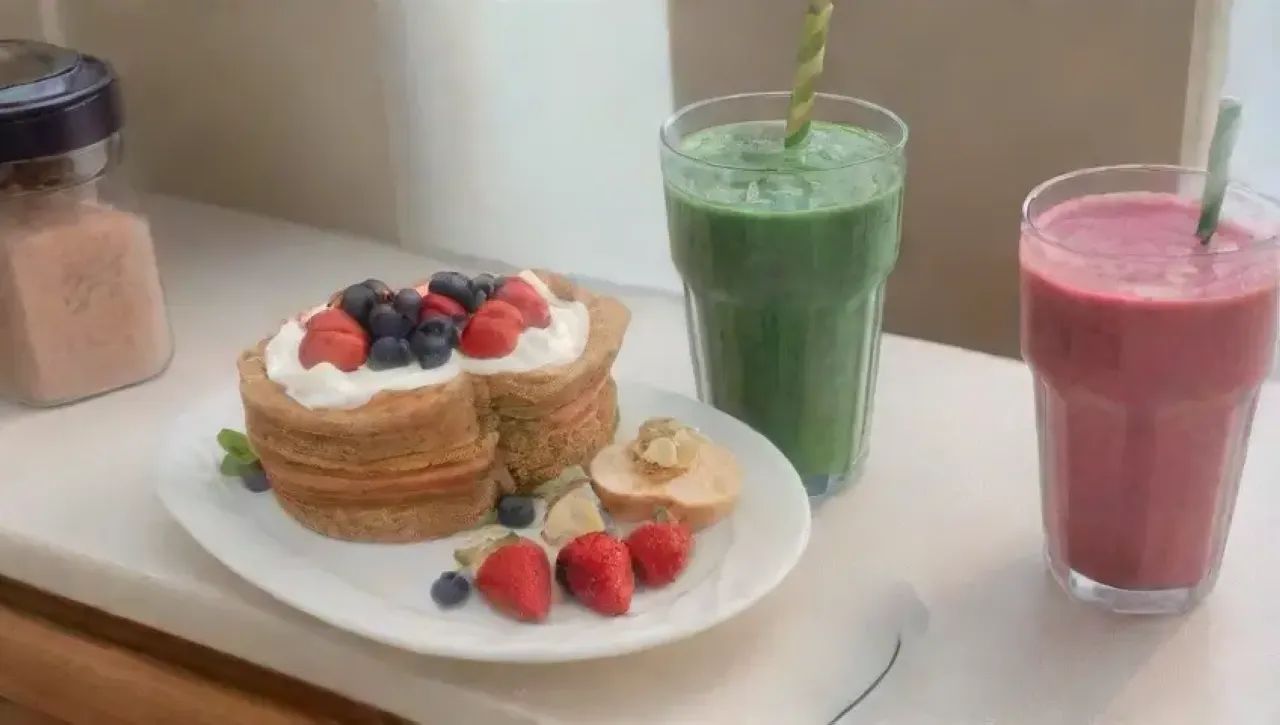 Un desayuno colorido y fresco en una cocina acogedora