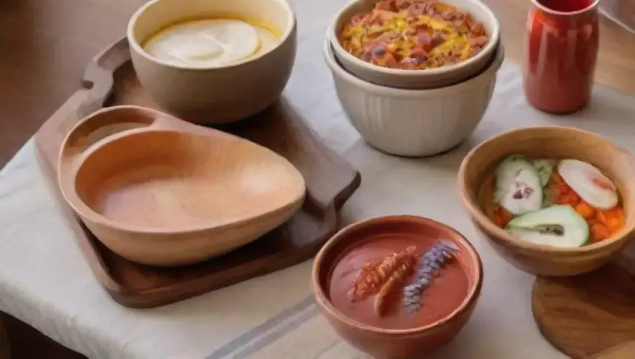 Una cocina vibrante con utensilios y vajilla variados y coloridos