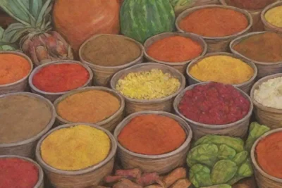 Especias coloridas y sabores vibrantes en un ambiente tropical