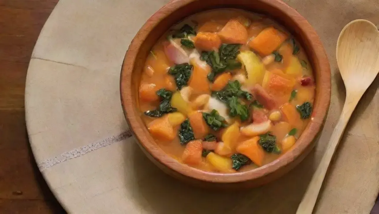 Sopa reconfortante de tonos cálidos con batatas, garbanzos, hierbas frescas y especias