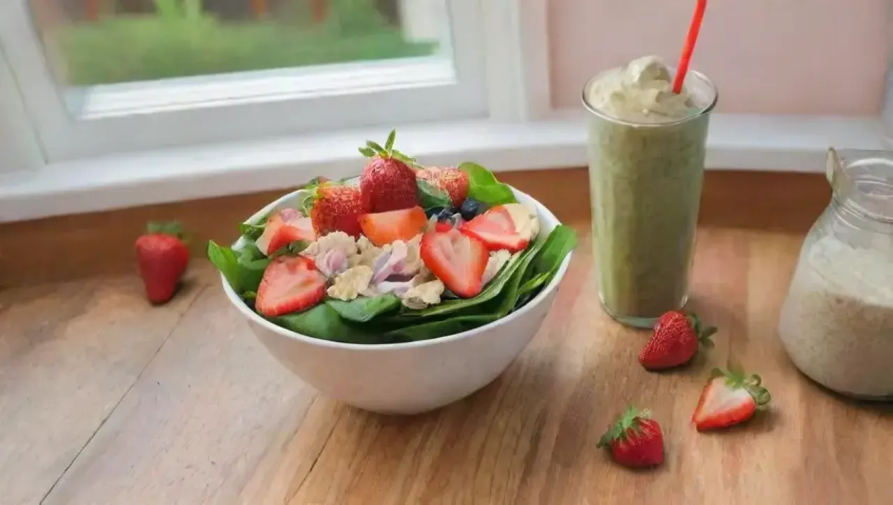 Un colorido batido saludable rodeado de frutas frescas y un ambiente acogedor