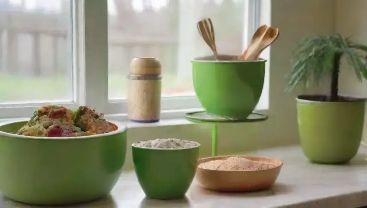 Escena de cocina vibrante y acogedora con utensilios coloridos y materiales ecológicos
