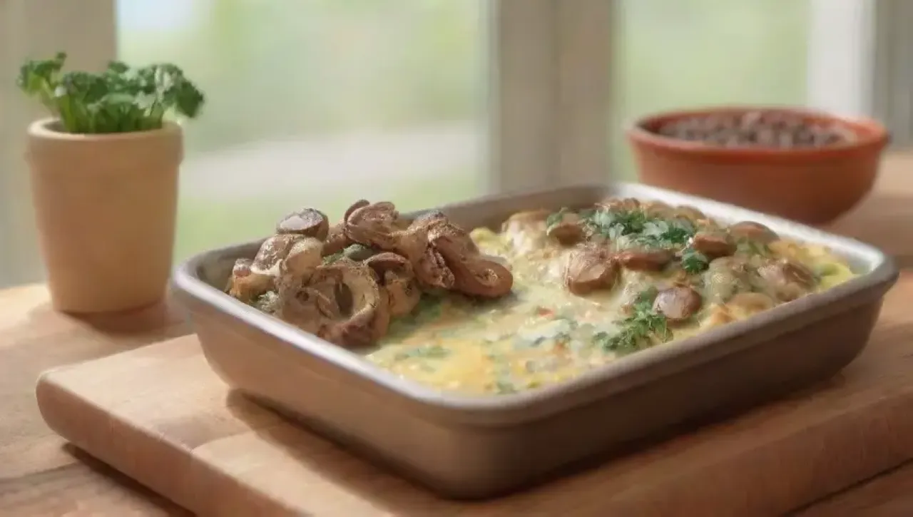 Desayuno de omelet esponjoso con champiñones y hierbas frescas, servido en un plato blanco bajo la luz del sol
