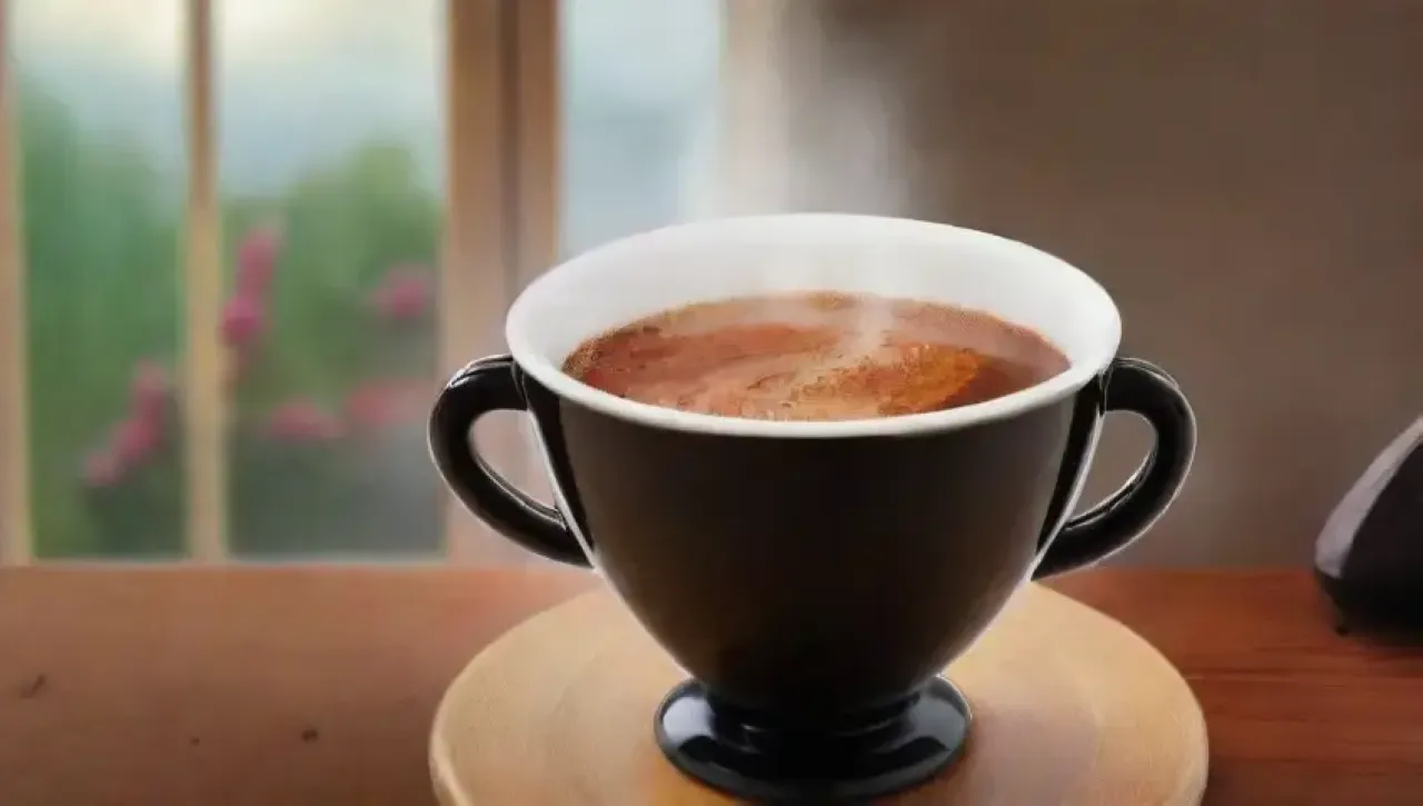 Una acogedora escena de café con vapor, luz cálida y detalles meticulosos