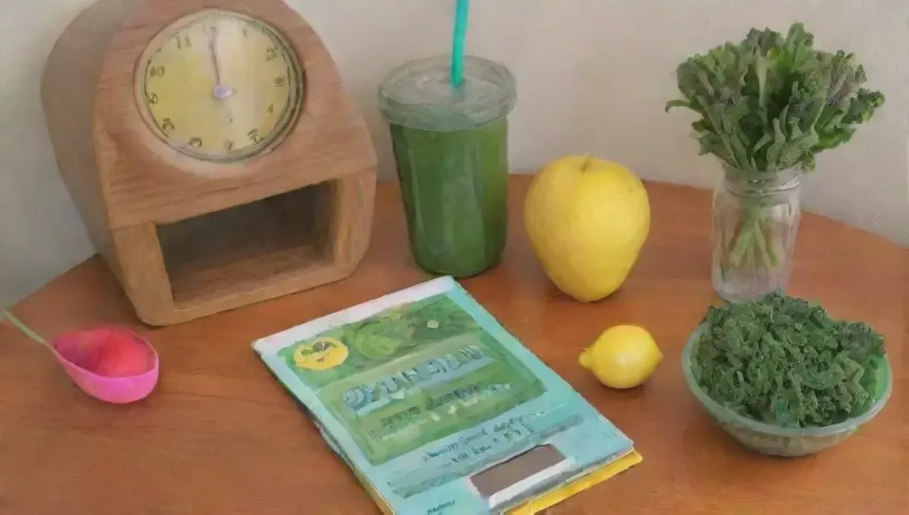 Un ambiente saludable y vibrante con batidos verdes, frutas, verduras y elementos de bienestar