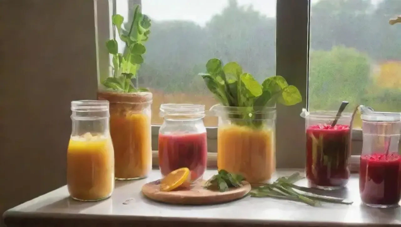 Una cocina soleada llena de jugos vibrantes, frutas coloridas y un ambiente saludable