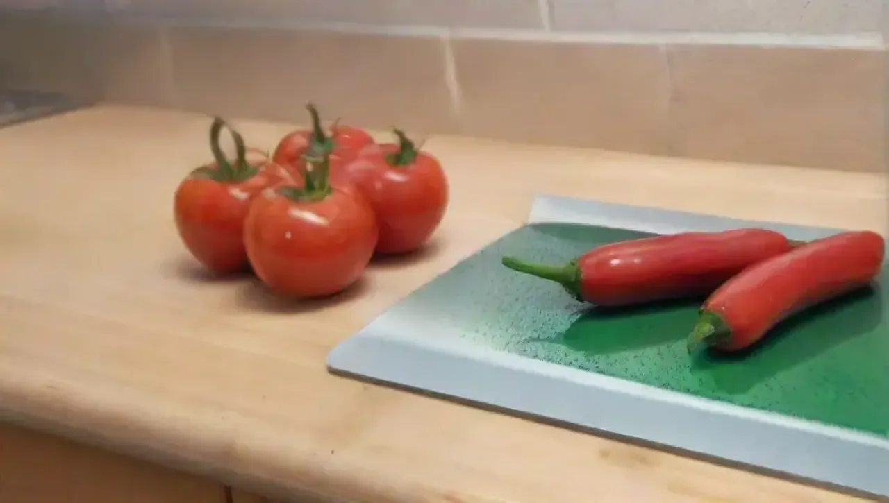 Una cocina elegante y brillante, con un cuchillo afilado cortando verduras, evoca belleza y riesgo