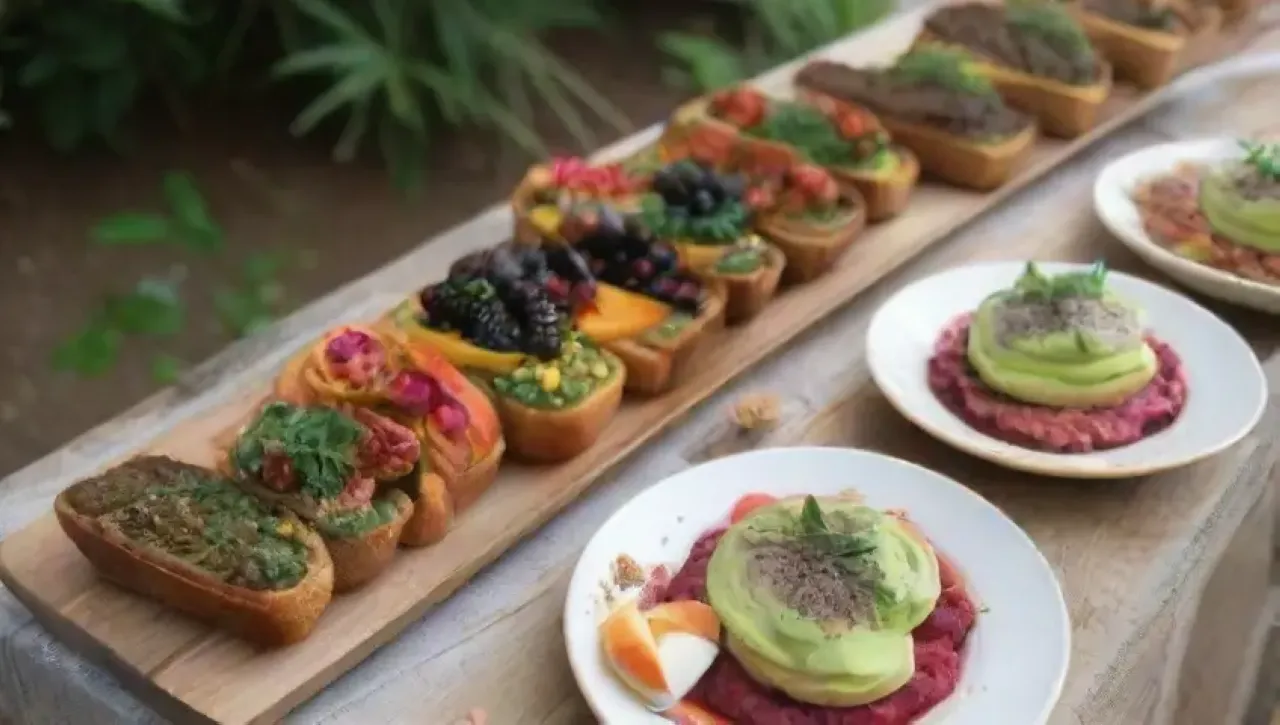 Brunch colorido y acogedor con tostadas de aguacate, huevos, hummus, salmón, frutas y café