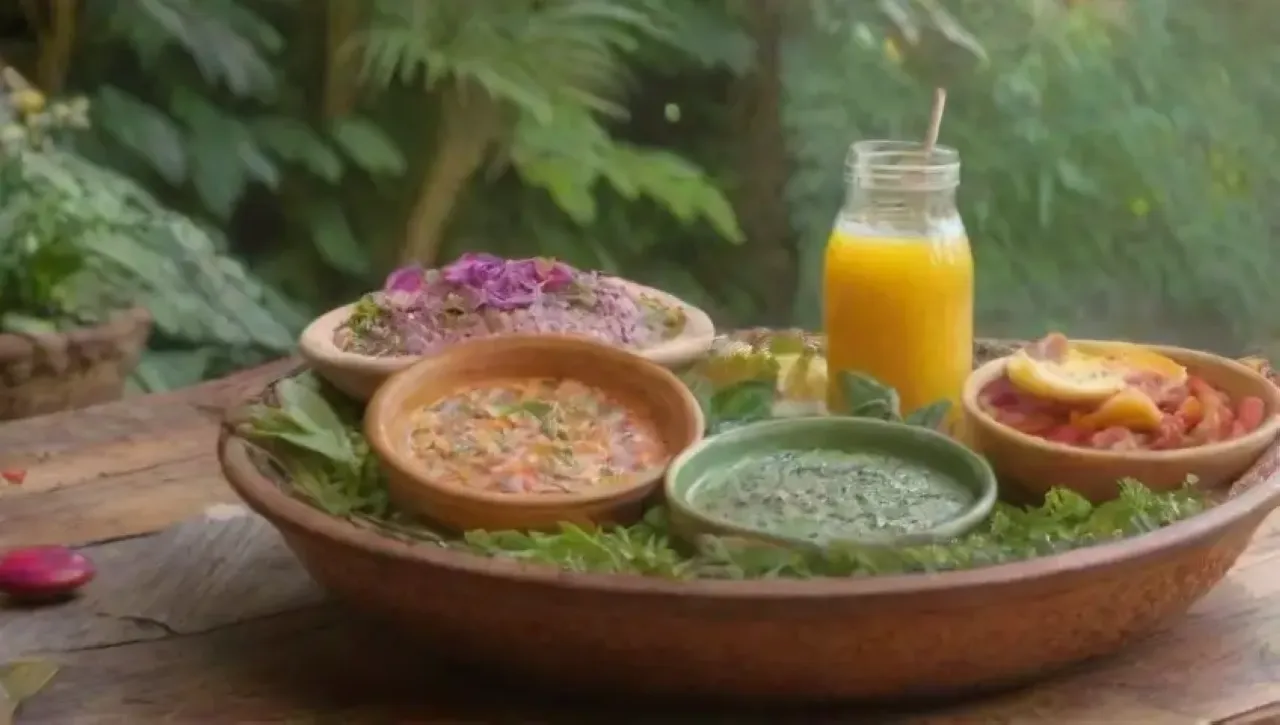 Mesa rústica con verduras coloridas, hierbas frescas y un ambiente acogedor
