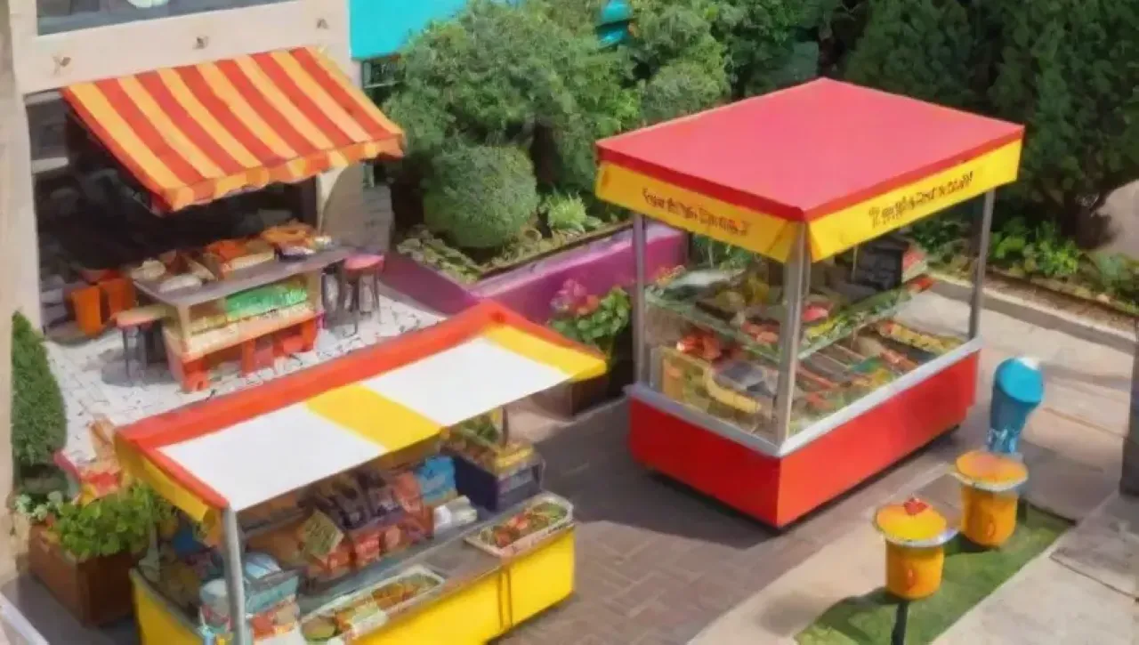 Colores neón, comida rápida, imágenes vibrantes de hamburguesas y papas fritas, opciones saludables y veganas en entornos urbanos