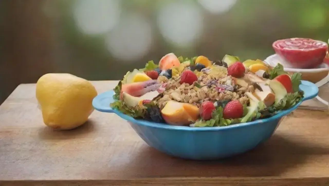Una mesa colorida y saludable llena de frutas, verduras, granos, proteínas y bebidas