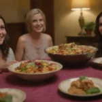 Comida deliciosa en un ambiente colorido y cultural con amigos sonriendo