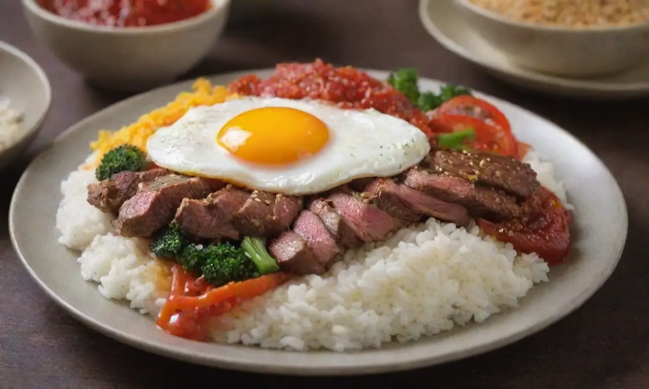 Plato coreano vibrante con verduras coloridas, ternera tierna, huevo frito, arroz humeante y salsas