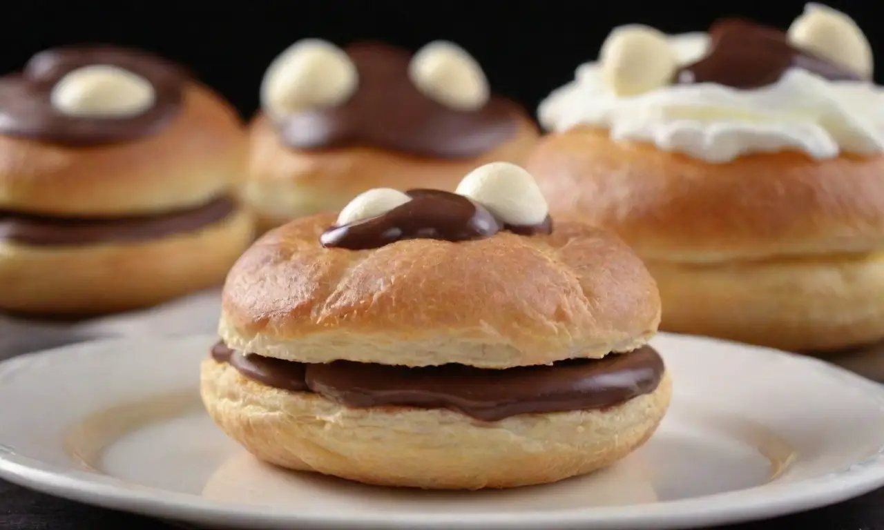 Ingredientes del éclair: masa de pastelería, huevos, harina, mantequilla, azúcar, crema batida, cobertura de chocolate