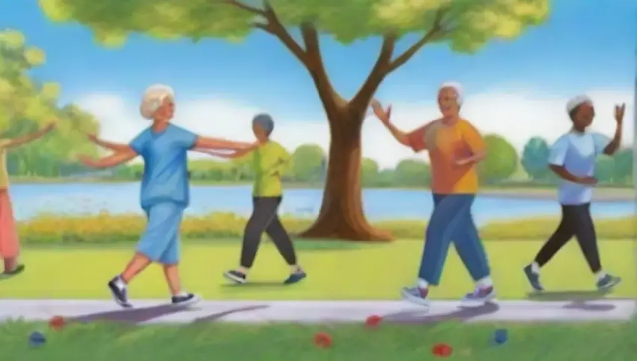 Un parque sereno con ancianos haciendo ejercicio y disfrutando de la naturaleza