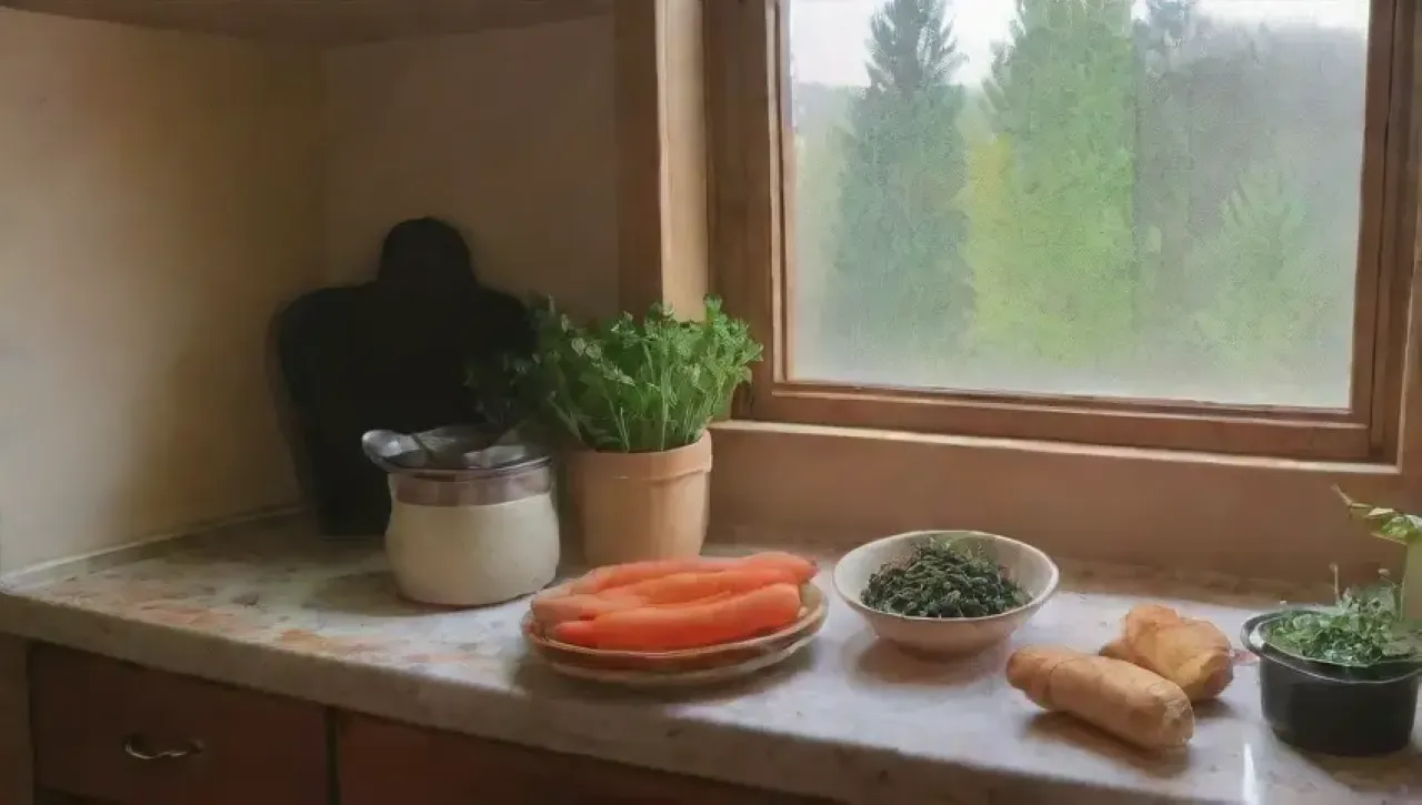 Una acogedora cocina con una mesa de madera, verduras vibrantes y un caldo humeante