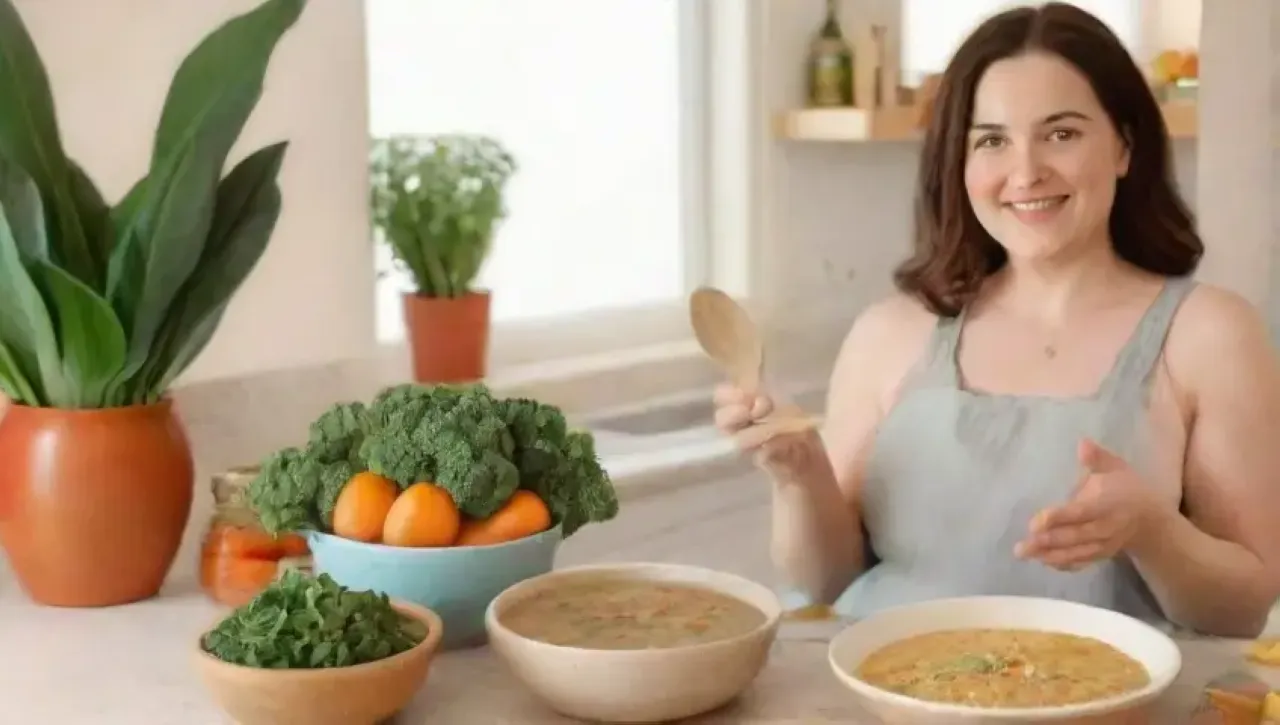 Una cocina acogedora con colores suaves, ilustraciones de legumbres y una mujer embarazada sonriente