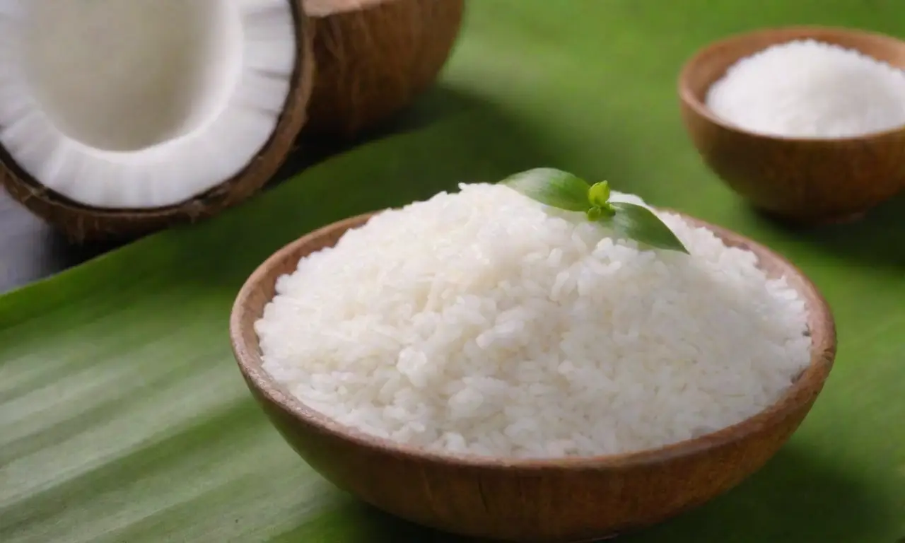 Arroz con leche de coco, azúcar, hojas de pandan, sal y esencia de vainilla