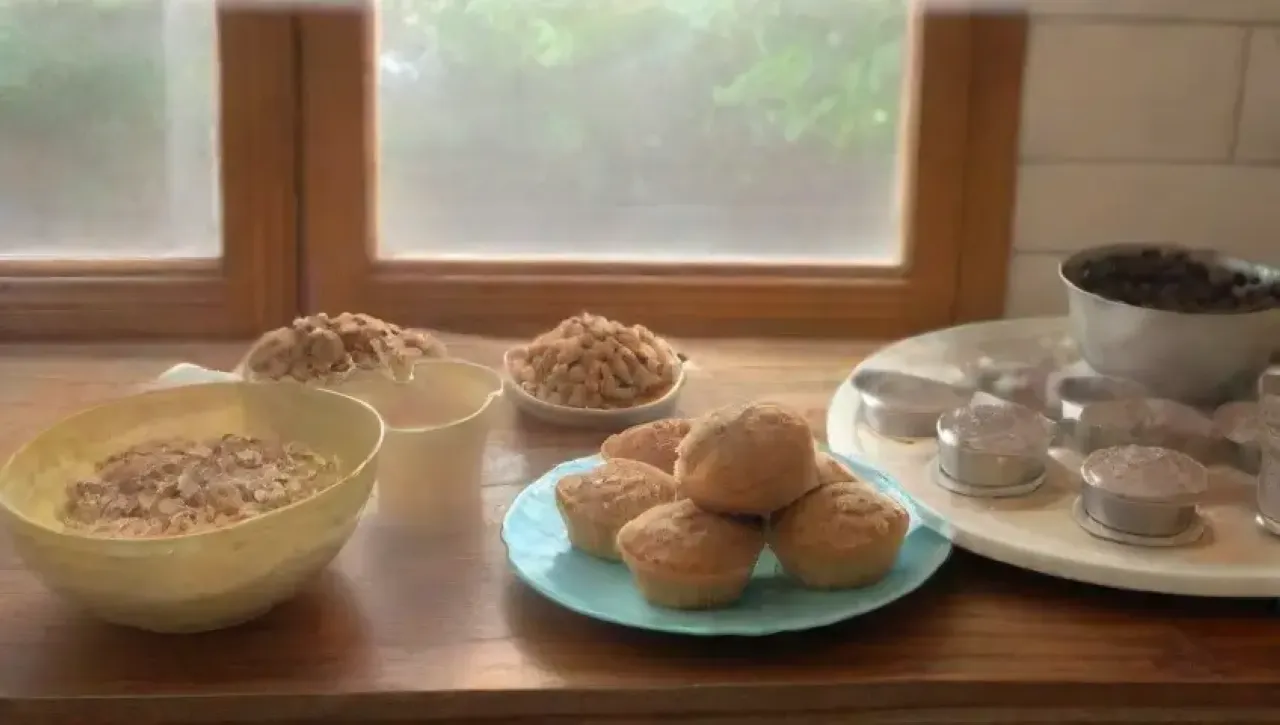 Una cocina acogedora llena de luz, con muffins de plátano y nueces recién horneados y café humeante