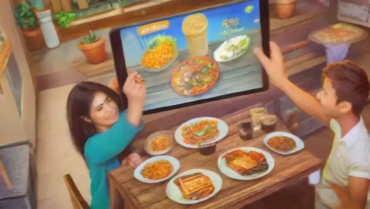 Pantallas de smartphones vibrantes, comida colorida, restaurantes atractivos y la interacción social vibrante