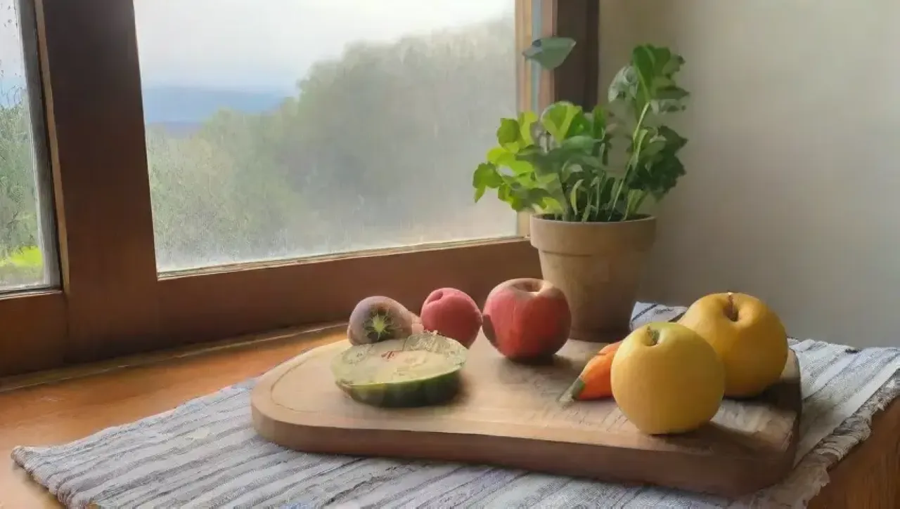 Una cocina serena y acogedora, llena de luz, frutas, plantas y elementos que invitan a la tranquilidad