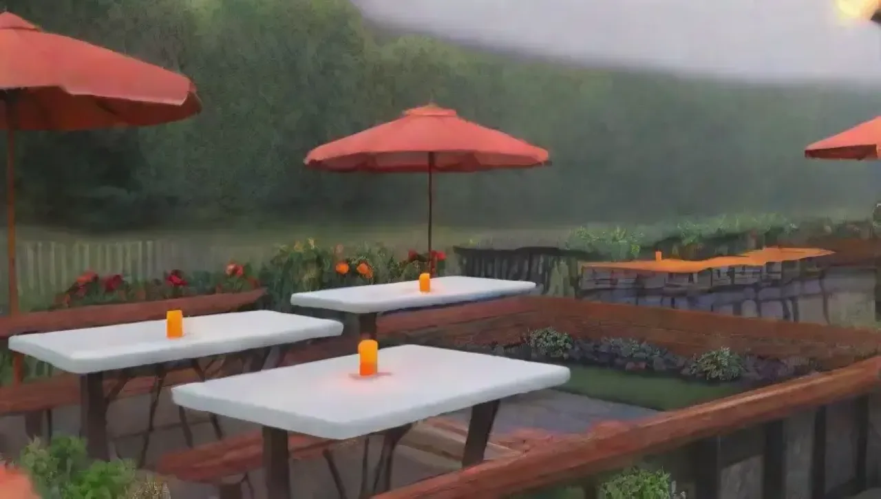Un animado comedor al aire libre con mesas soleadas, sombrillas coloridas y un ambiente acogedor
