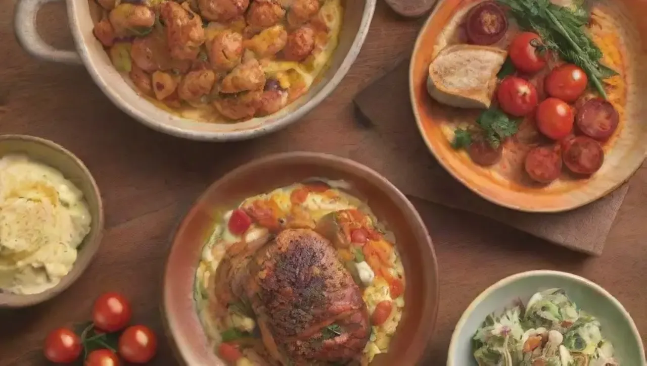 Cocina acogedora con comida colorida, familia riendo y momentos cálidos