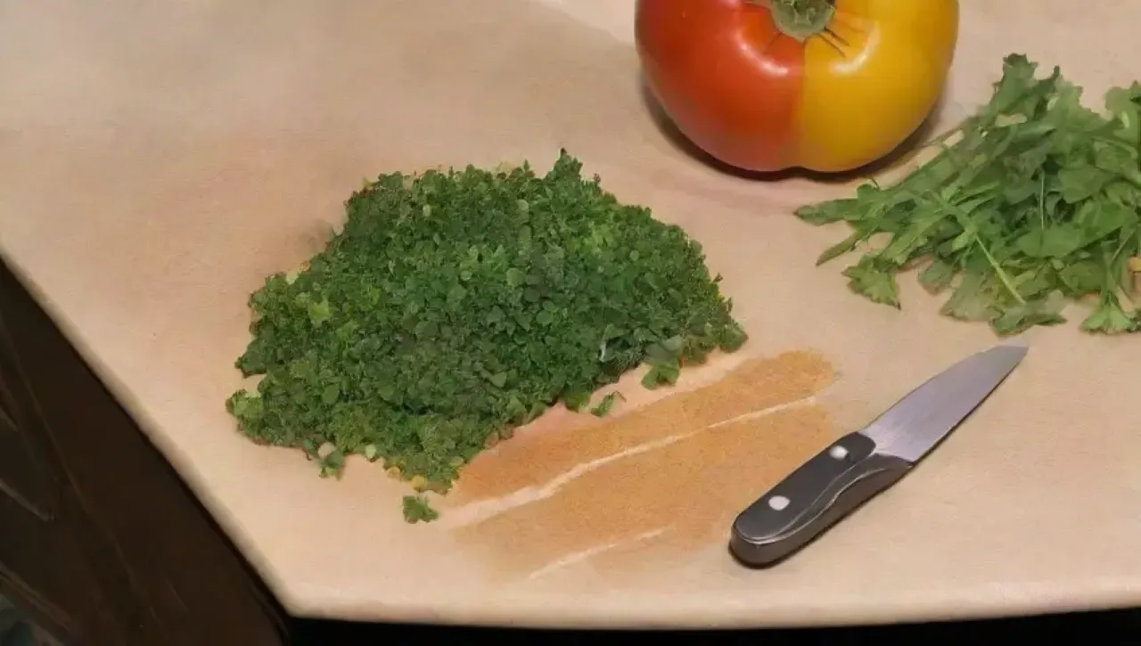 Una cocina acogedora con un elegante cuchillo, hierbas frescas, un tomate jugoso y un ambiente creativo