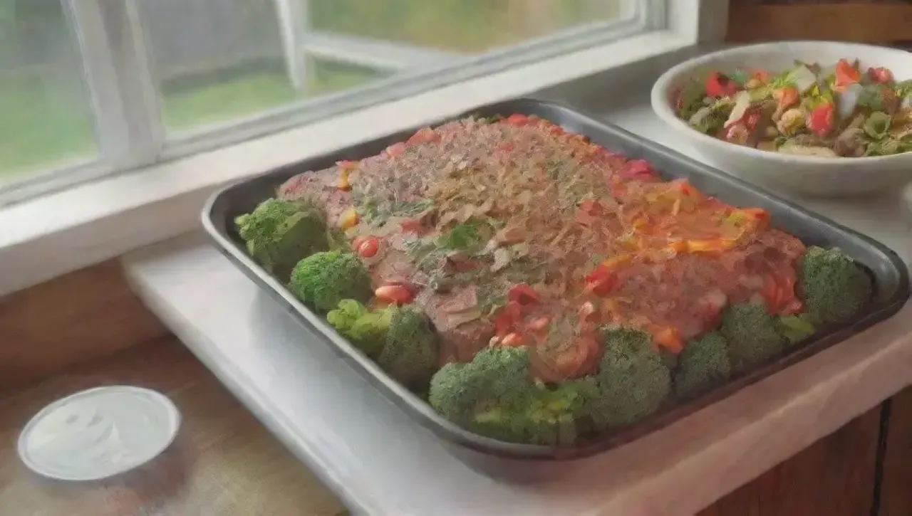 Escena de cocina vibrante con especias, hierbas frescas, carne jugosa y platos coloridos
