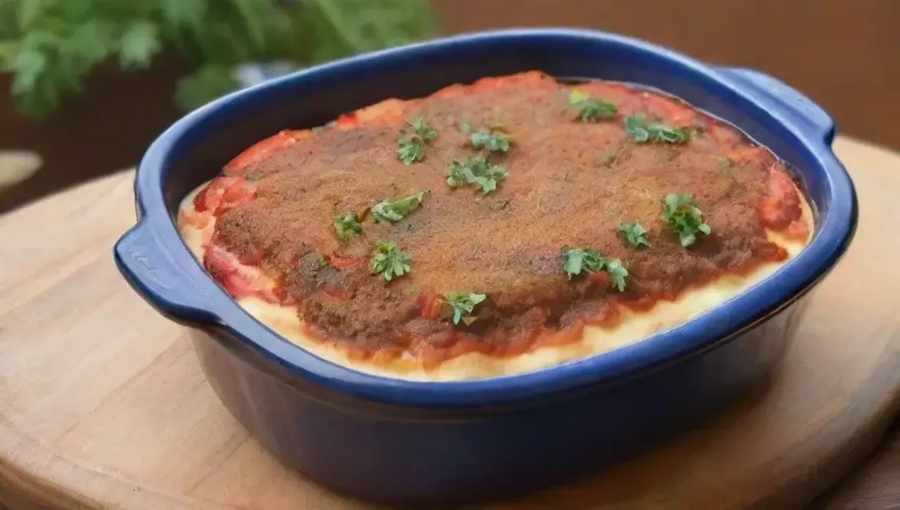 Un plato reconfortante de berenjena, carne, salsa de tomate, bechamel y hierbas frescas